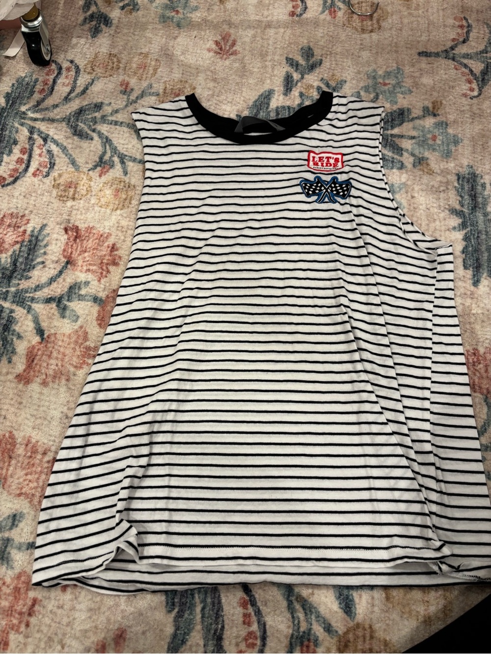Girls' Black & White Striped Sleeveless Top with Patch Detail